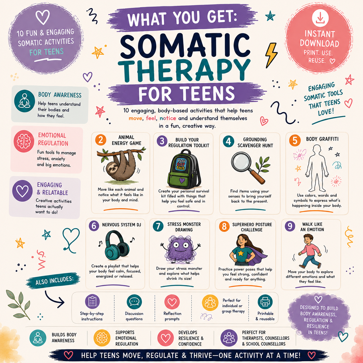 Somatic Therapy Activities for Teens | 10 Fun & Engaging Therapy Games | Printable PDF