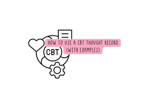 CBT thought record worksheet showing situation, thoughts, feelings, evidence, and balanced thought.