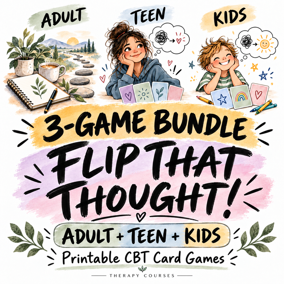 Flip That Thought! — 3-Game Bundle, Adult + Teen + Kids Editions | Printable CBT Card Games
