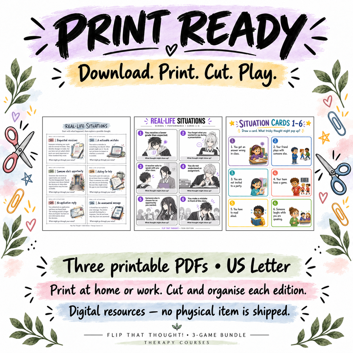 Flip That Thought! — 3-Game Bundle, Adult + Teen + Kids Editions | Printable CBT Card Games