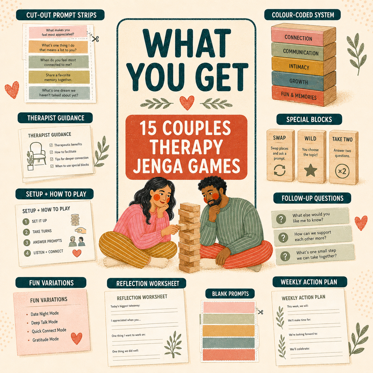 Couples Therapy Jenga: 15 Needs, Communication & Connection-Building Games (Printable PDF)