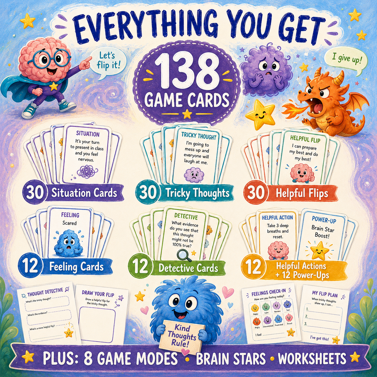 Flip That Thought! Kids Edition - Learn CBT in a fun way, Therapy Game Schools/Groups
