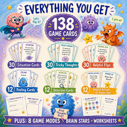 Flip That Thought! Kids Edition - Learn CBT in a fun way, Therapy Game Schools/Groups