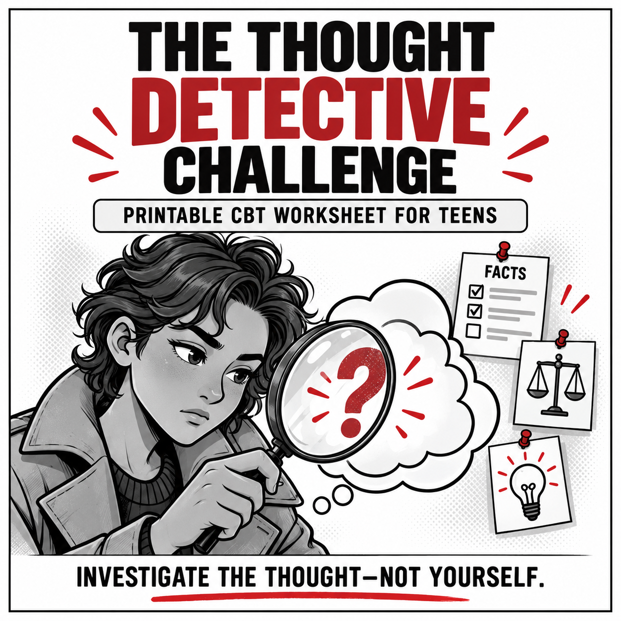 The Thought Detective: Fun CBT Thought Record Worksheet, Teen Adolescent CBT Tools