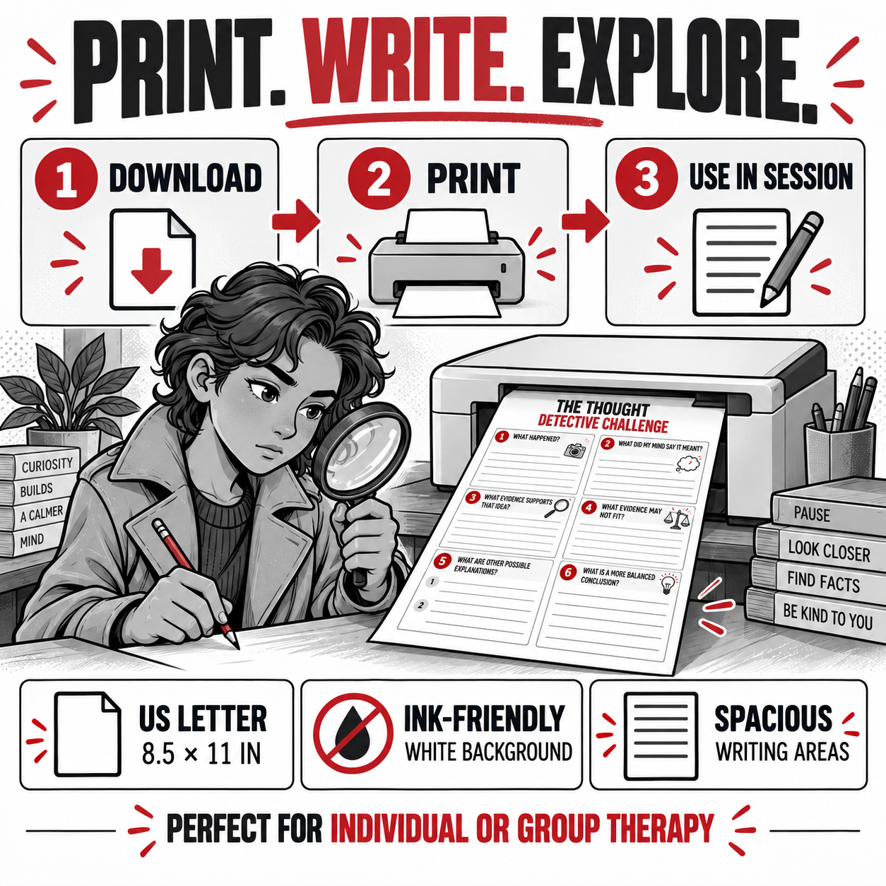 The Thought Detective: Fun CBT Thought Record Worksheet, Teen Adolescent CBT Tools