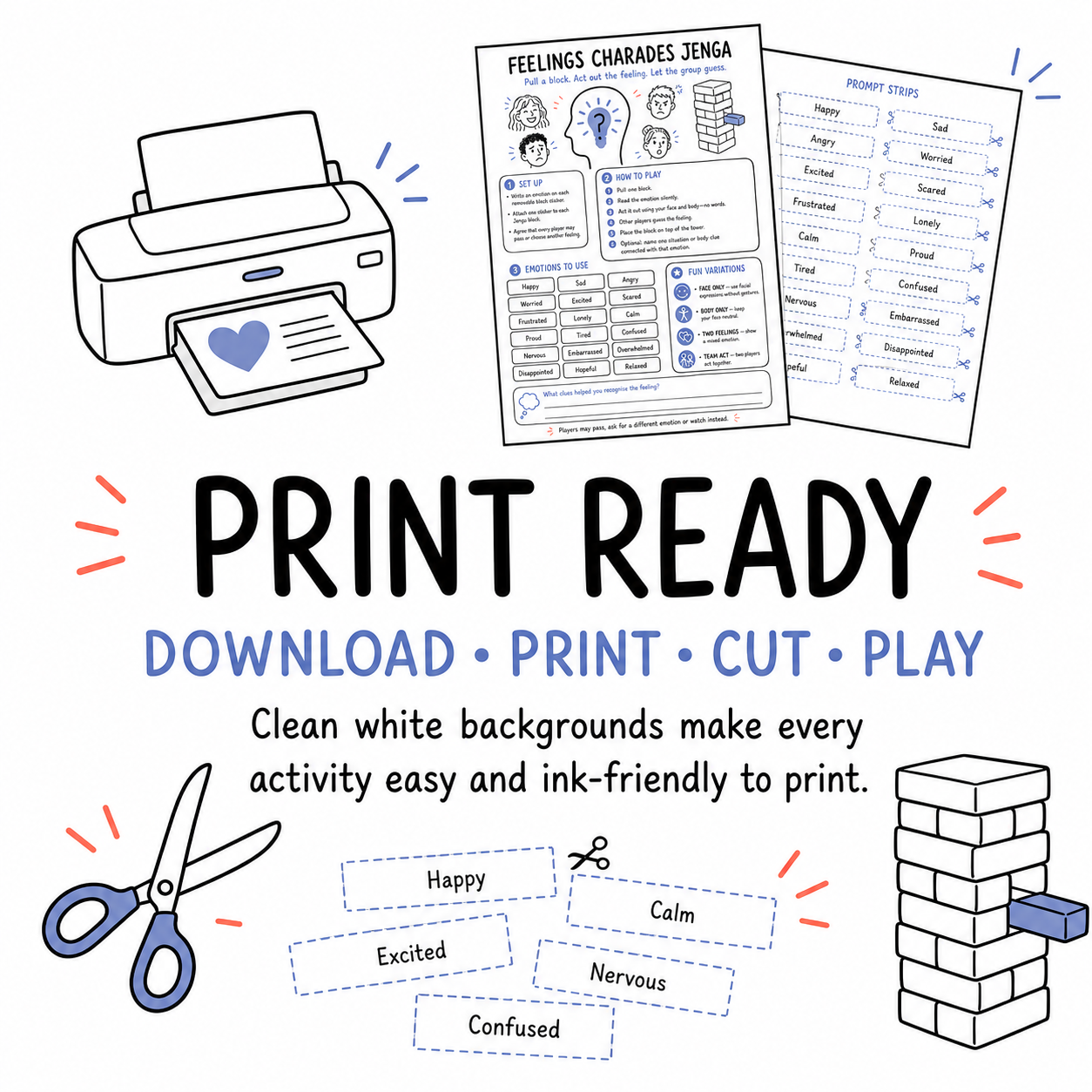 Therapy Games for Jenga: 15 Printable Counseling Activities for Emotions, Coping Skills (PDF)