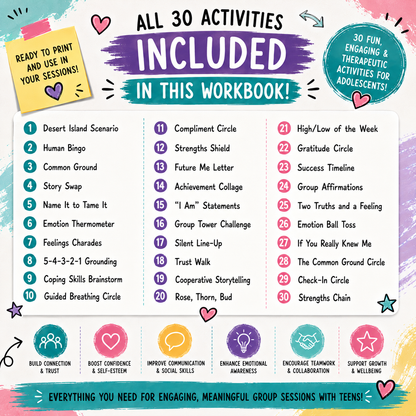 30 Engaging Adolescent Group Therapy Activities - Fun Done for You Printables for Teens