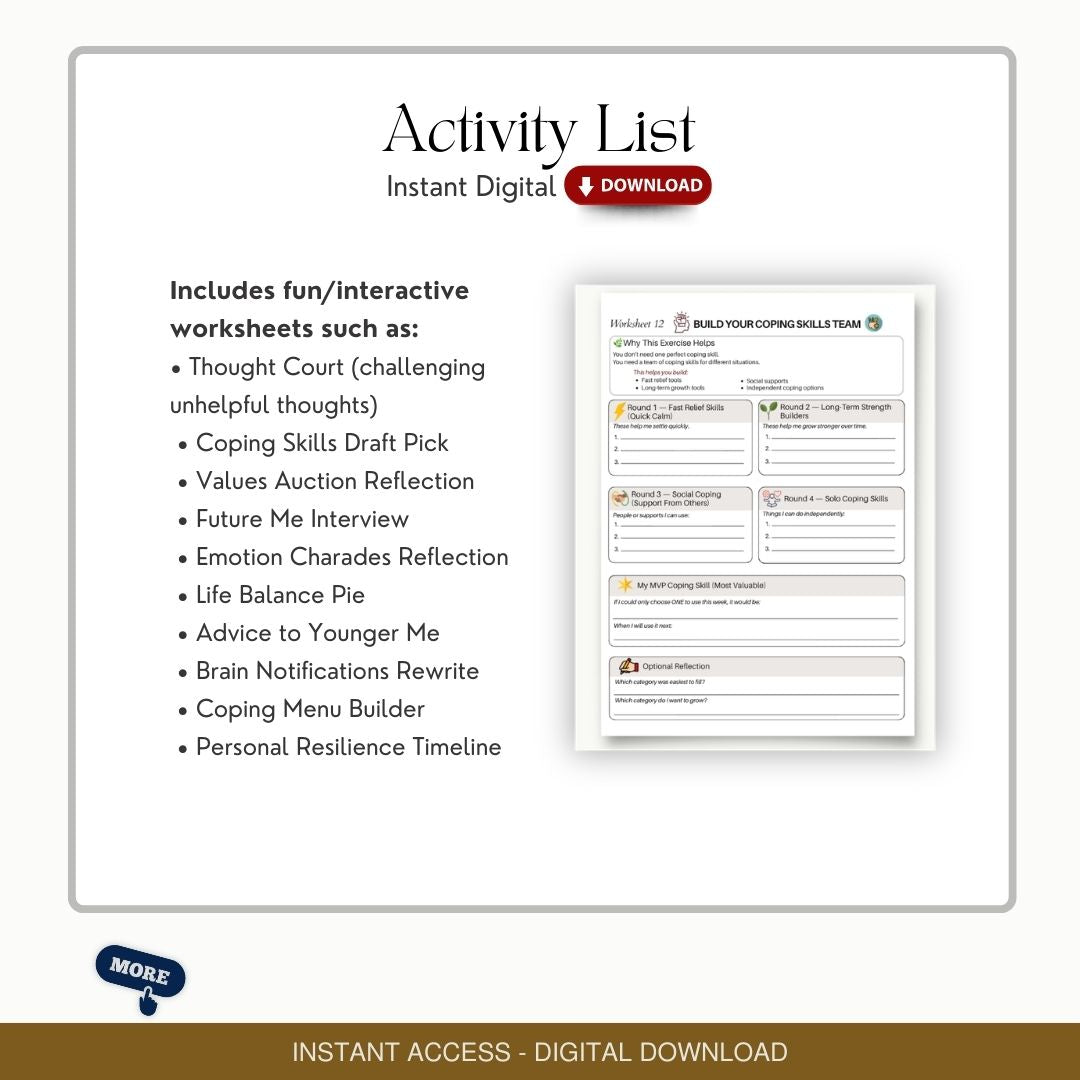 Group Therapy Activity Worksheets: 30 page Toolkit for Adults, Teens (Adolescents) Handouts