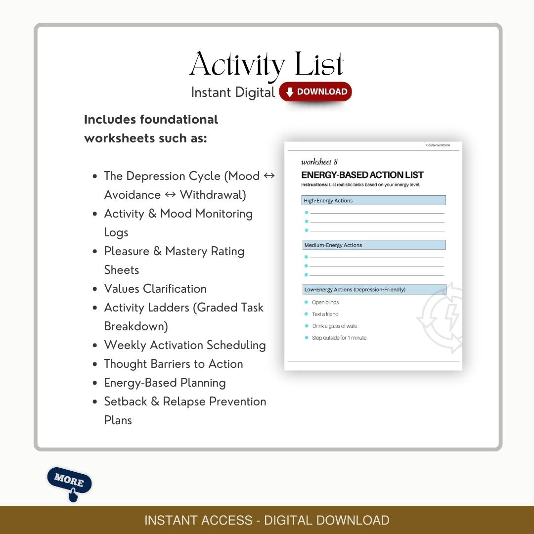 CBT for Depression Worksheets: Behavioral Activation Foundation Exercises + Handouts, Therapy Tools, Psychology