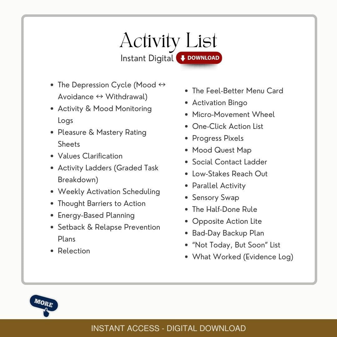 Behavioral Activation Worksheet Bundle - CBT for Depression, Adults, Teens, Groups, Therapy Tools Resources