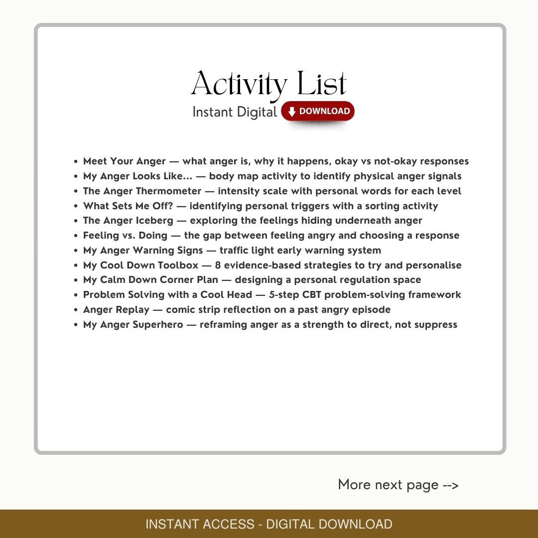 Anger Management Worksheets for Kids: 12 CBT Activities for Children Handouts Exercises (Ages 6-12)