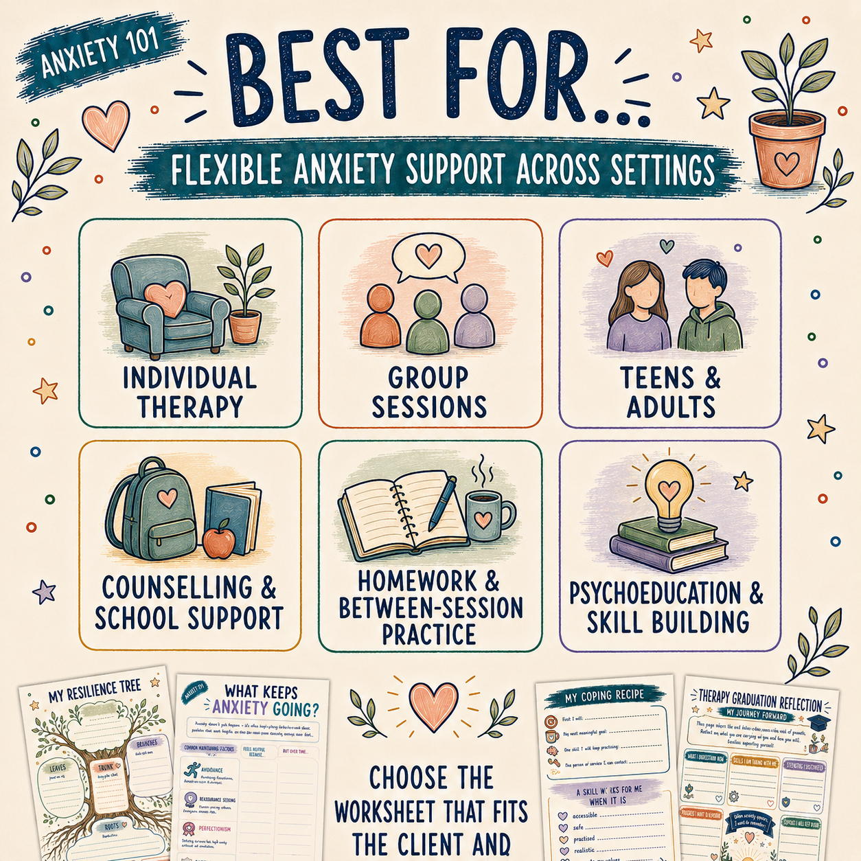 101 Anxiety Activities - Anxiety Worksheets + Exercises, Handouts for Therapists Printables