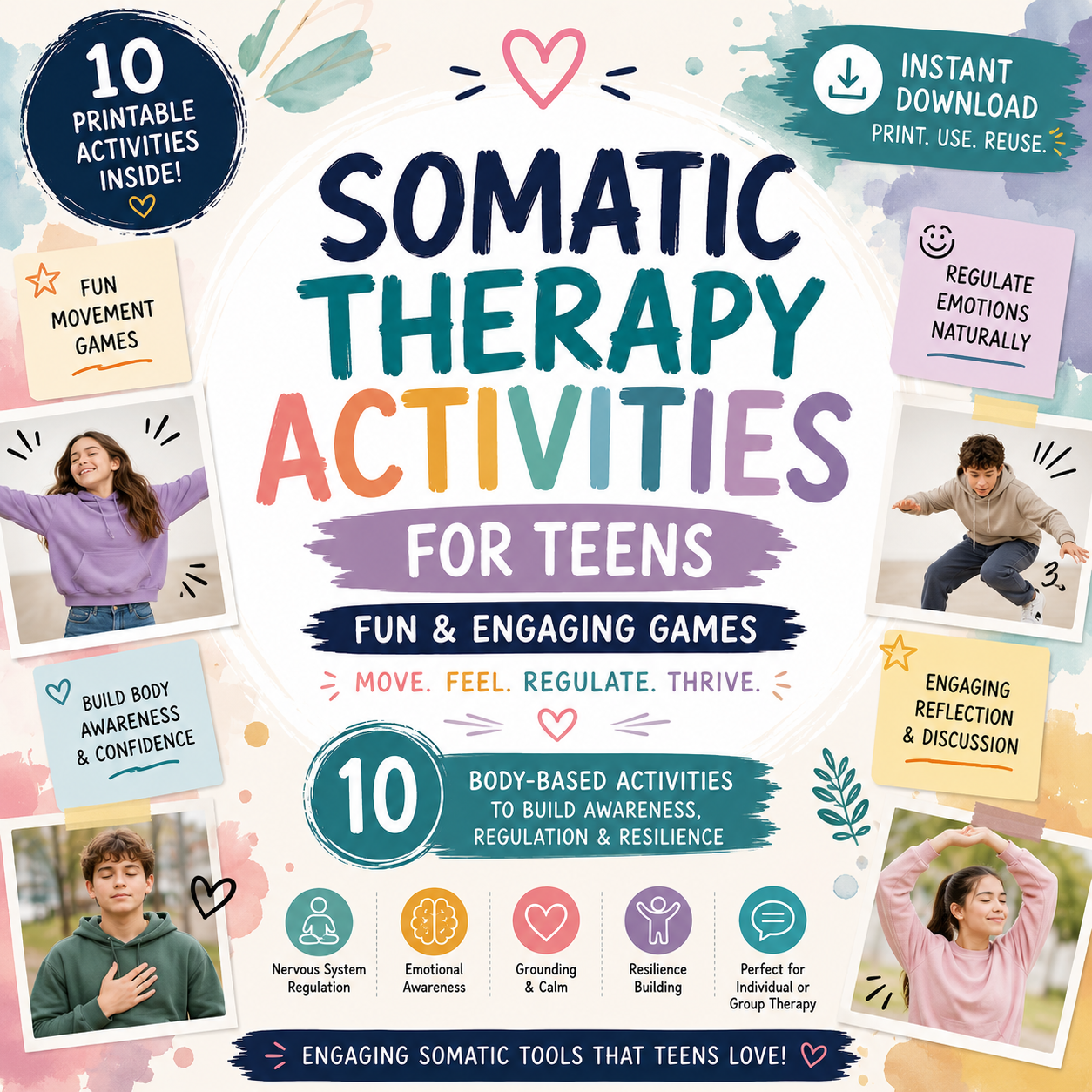 Somatic Therapy Activities for Teens | 10 Fun & Engaging Therapy Games | Printable PDF