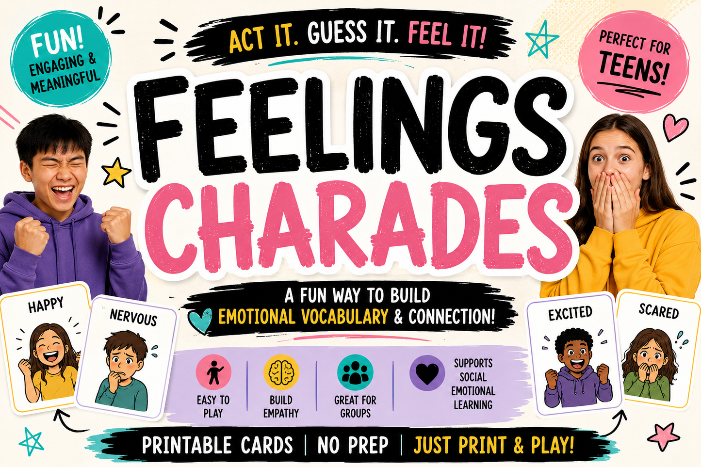 Feelings Charades Therapy Game for Teens Adolescents or ASD (PDF Digital Download)