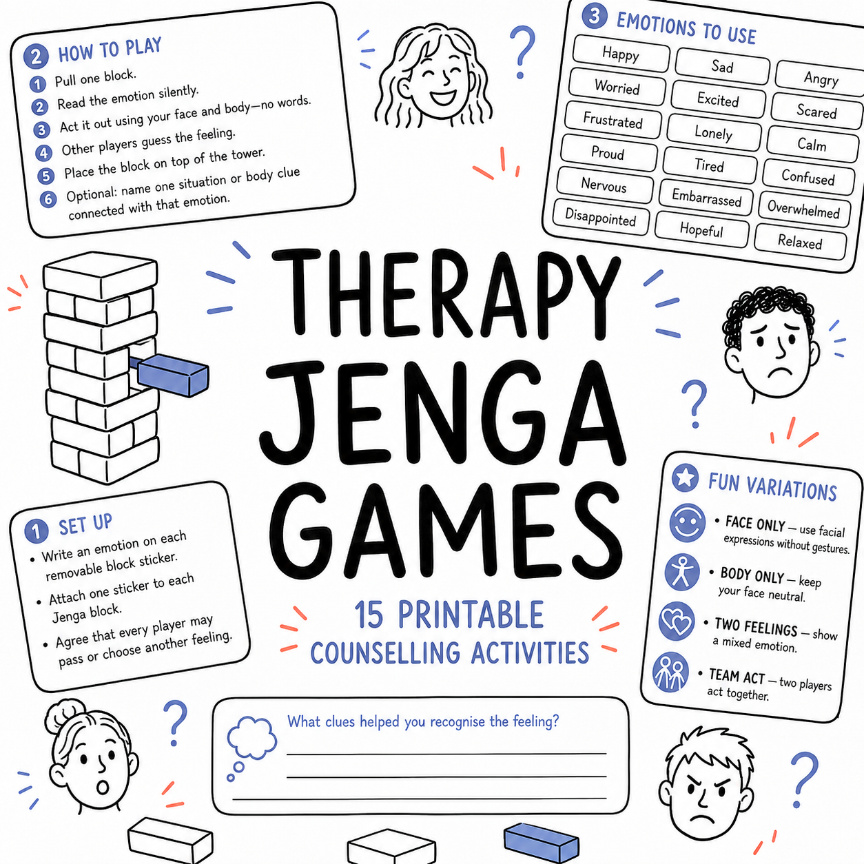 Therapy Games for Jenga: 15 Printable Counseling Activities for Emotions, Coping Skills (PDF)