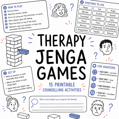 Therapy Games for Jenga: 15 Printable Counseling Activities for Emotions, Coping Skills (PDF)