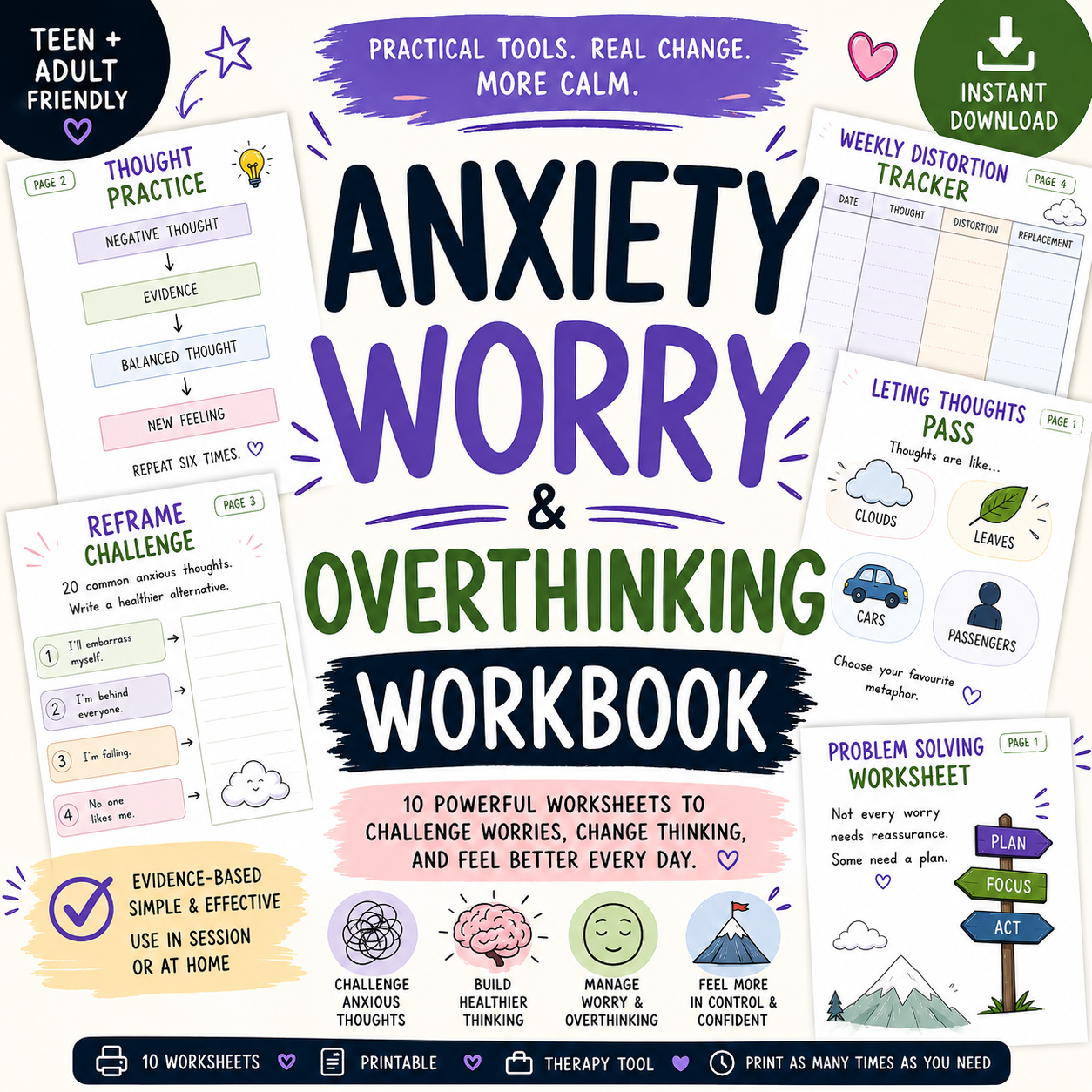 Worry & Overthinking Workbook - 28 Pages Anxiety Worksheets (CBT/ACT Based)