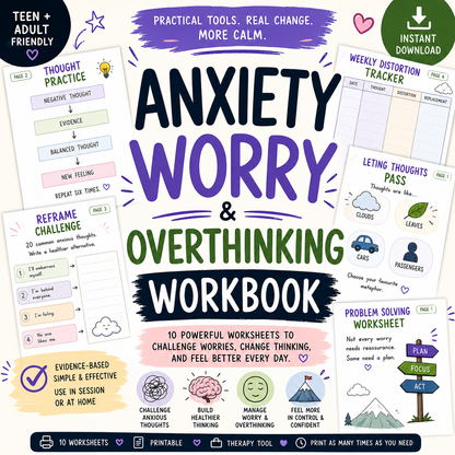 Worry & Overthinking Workbook - 28 Pages Anxiety Worksheets (CBT/ACT Based)