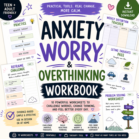 Worry & Overthinking Workbook - 28 Pages Anxiety Worksheets (CBT/ACT Based)