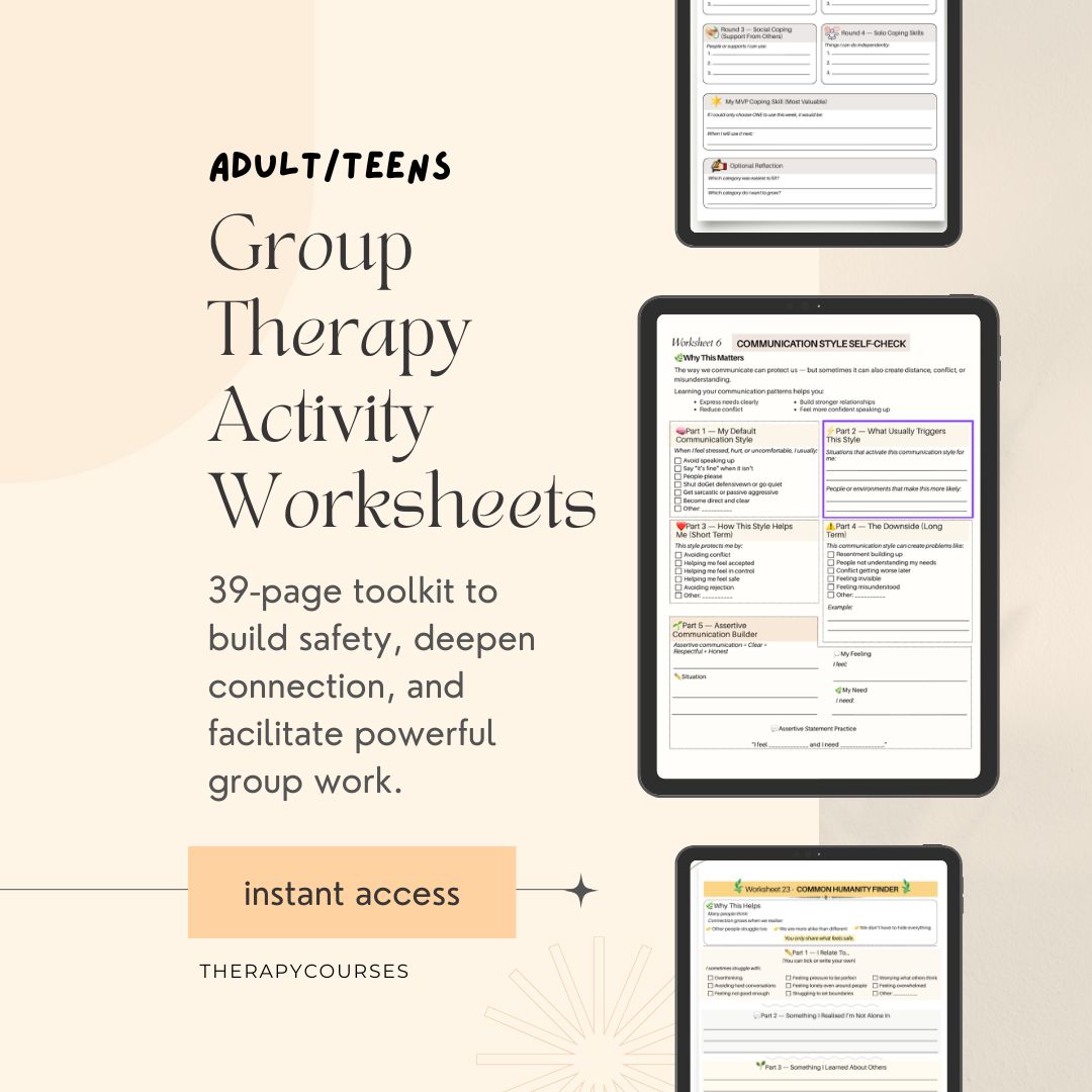 Group Therapy Activity Worksheets: 30 page Toolkit for Adults, Teens (Adolescents) Handouts