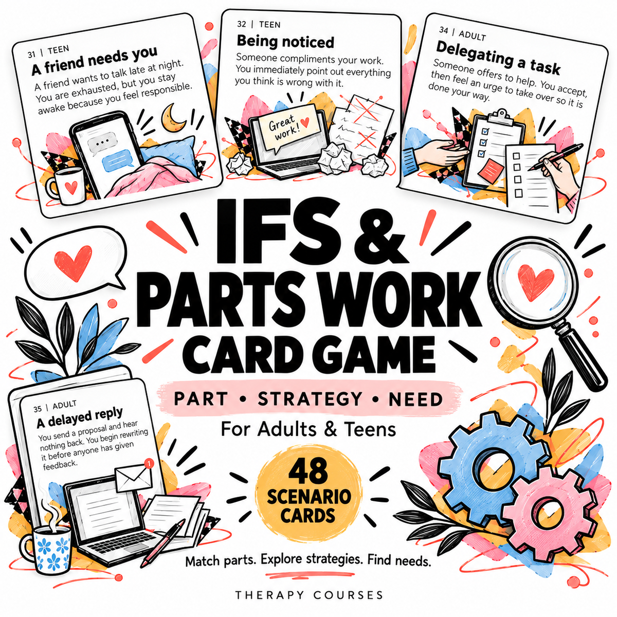 Promotional graphic for the 'IFS & Parts Work Card Game' featuring colorful illustrations of cards, gears, a magnifying glass, and human hands, with text highlighting '48 Scenario Cards' and suitability for adults and teens.