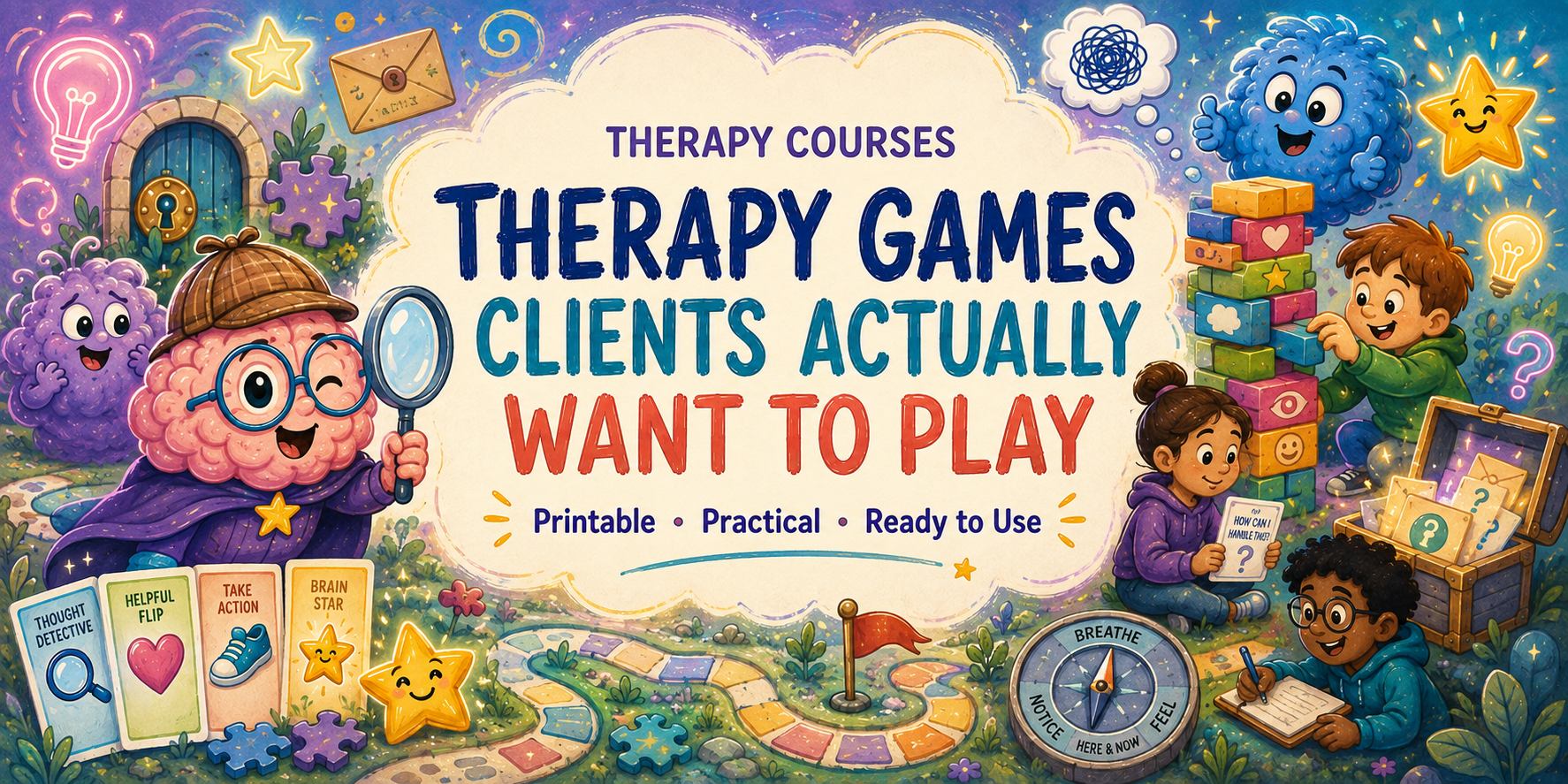 A colorful illustrated promotional graphic for therapy games and printable activities. Large text reads 'Therapy Courses: Therapy Games Clients Actually Want to Play,' with smaller text noting printable, practical, and ready-to-use content.