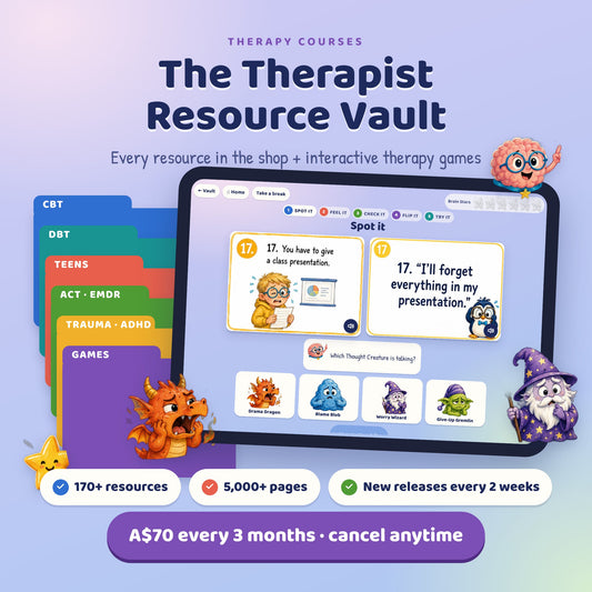 Therapist Resource Vault - WHOLE SHOP Therapy Workbooks Bundle, Worksheets, Tools, Games, Exercises