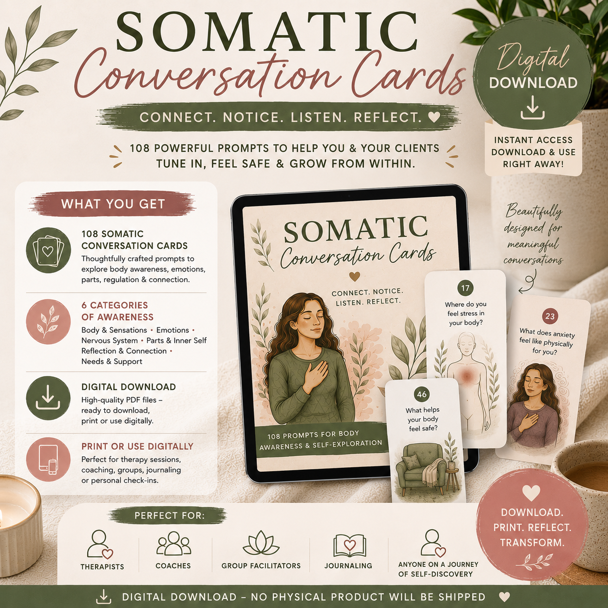 Somatic Conversation Cards: Somatic Therapy Activities Printable (1:1 and Groups)