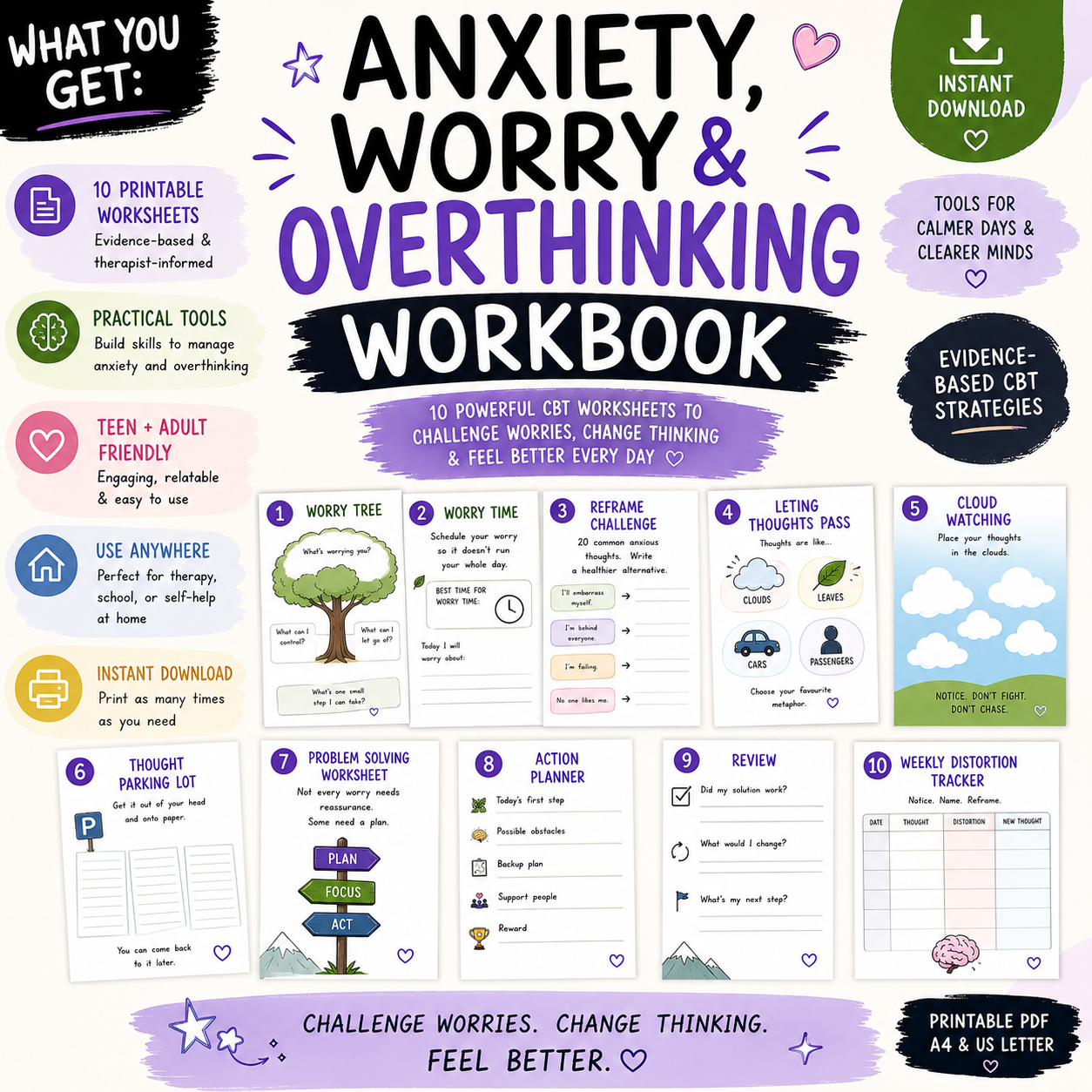 Worry & Overthinking Workbook - 28 Pages Anxiety Worksheets (CBT/ACT Based)