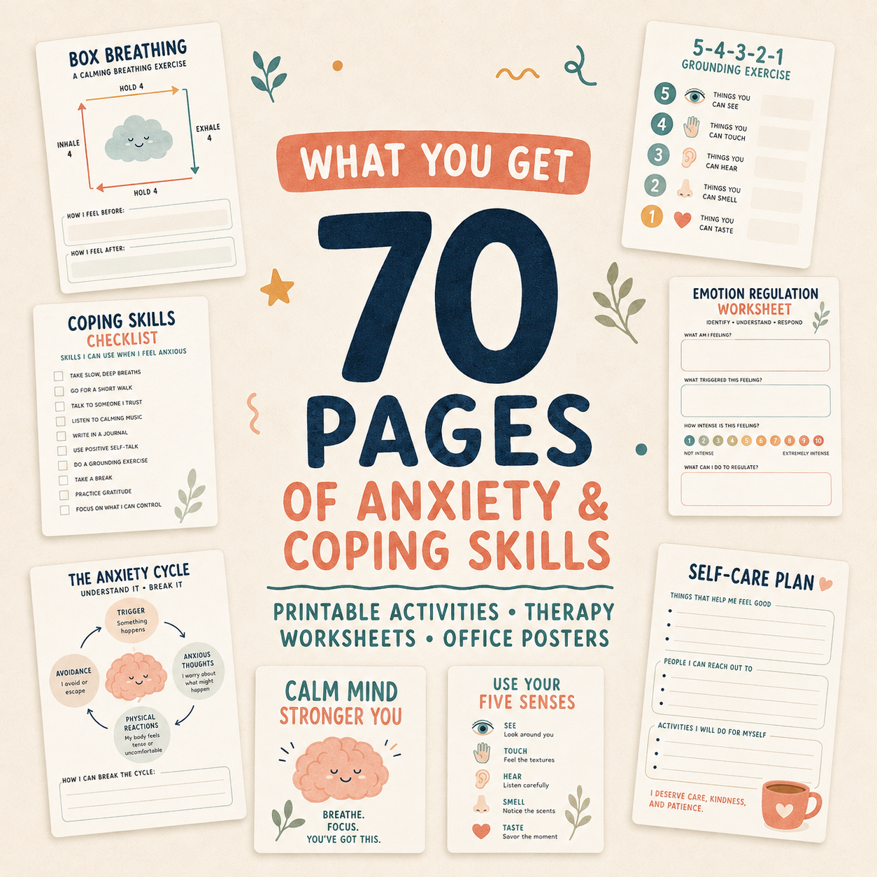 Anxiety Coping Skills Printable / Posters: 70 Engaging Breathing & Grounding Exericises