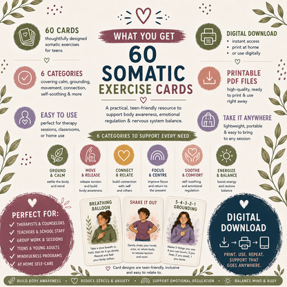 Somatic Therapy Exercise Cards - 60 Somatic Activity Flashcards (Digital Download PDF)