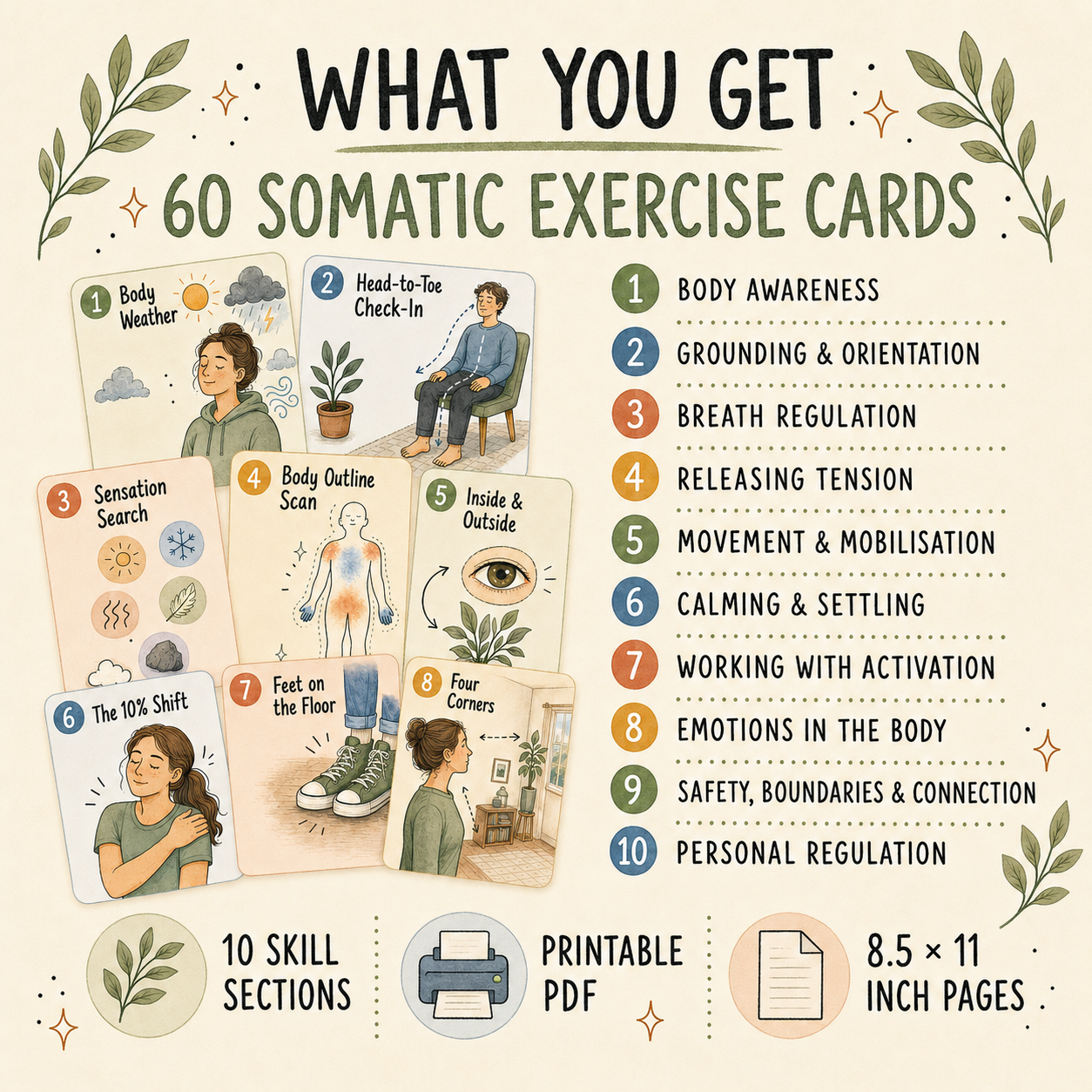 Somatic Therapy Exercise Cards - 60 Somatic Activity Flashcards (Digital Download PDF)