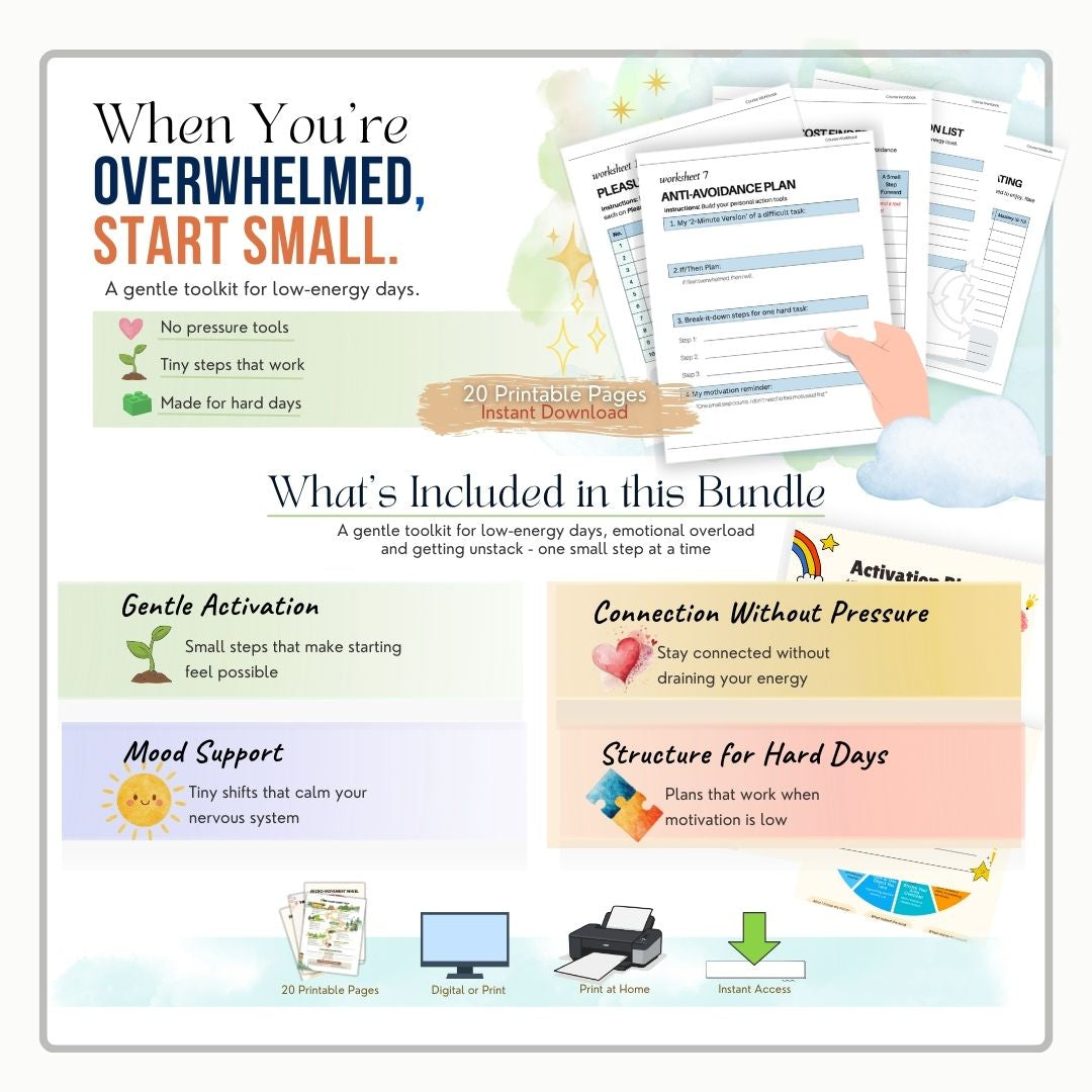 CBT for Depression Worksheets: Behavioral Activation Foundation Exercises + Handouts, Therapy Tools, Psychology