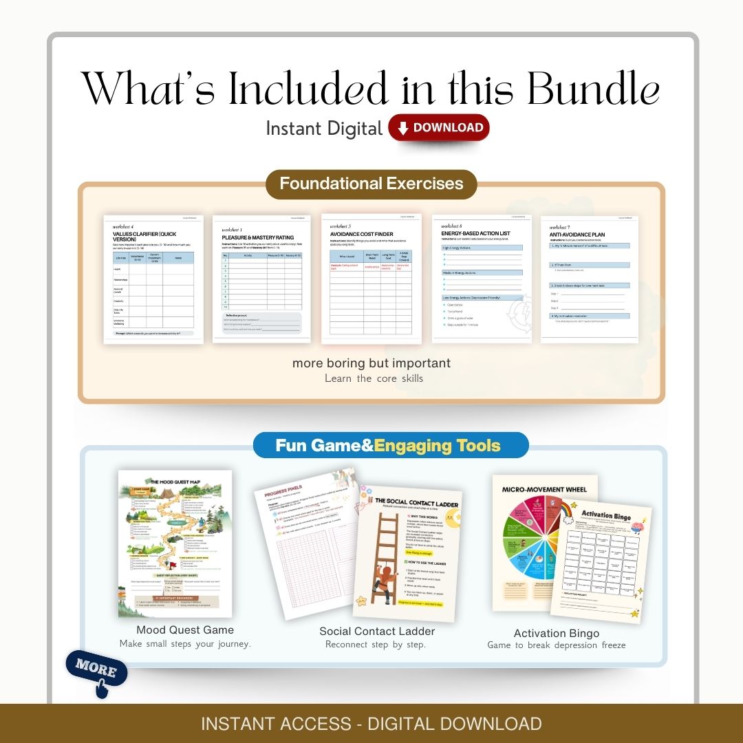 Behavioral Activation Worksheet Bundle - CBT for Depression, Adults, Teens, Groups, Therapy Tools Resources