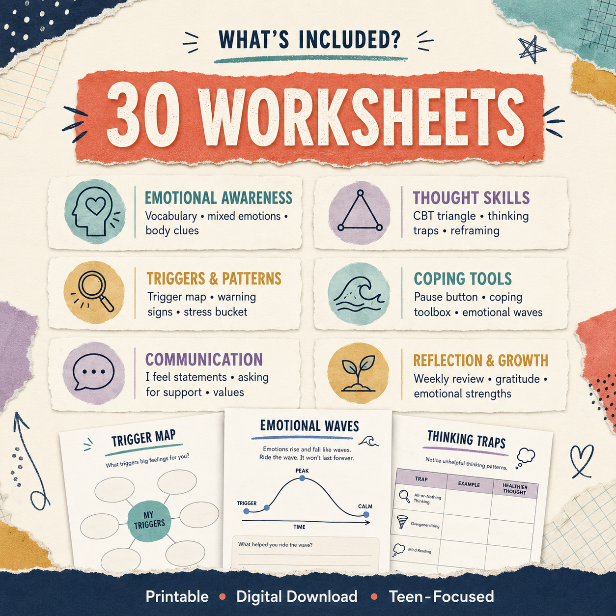Emotional Regulation Worksheets: 30 CBT Exercises Understand Emotions + Triggers, Coping Skills