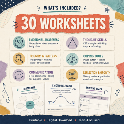Emotional Regulation Worksheets: 30 CBT Exercises Understand Emotions + Triggers, Coping Skills