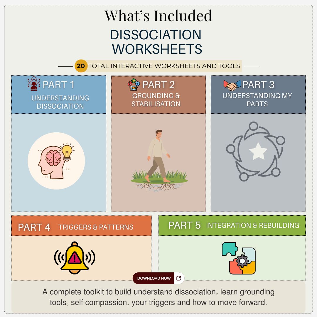 Dissociation Worksheets for Therapists - 20 Exercises + Tools for Dissociation (groups, hanouts)
