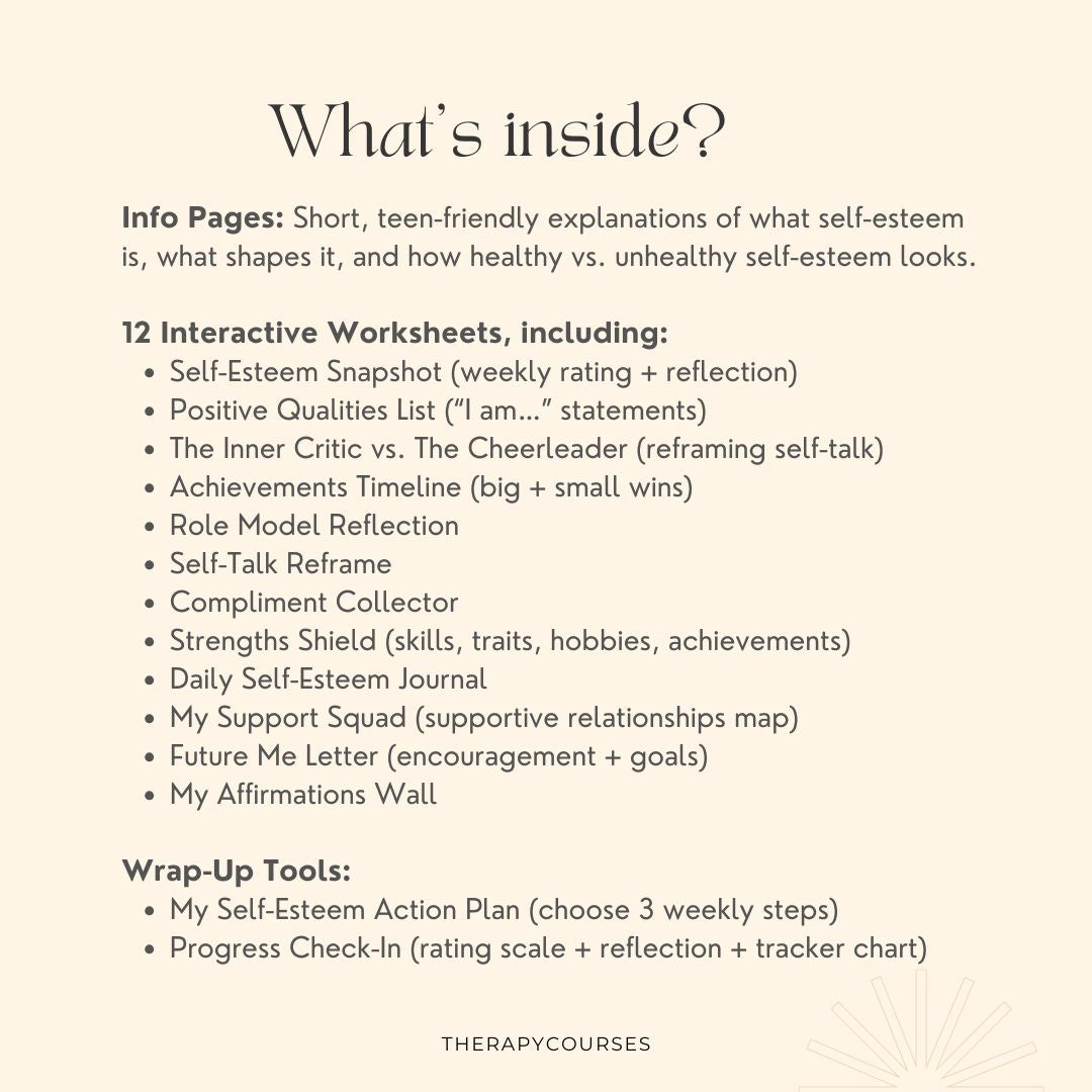 Self Esteem Worksheets for Teens - 51 Page Workbook pdf to Teach Teens Skills to Build Confidence