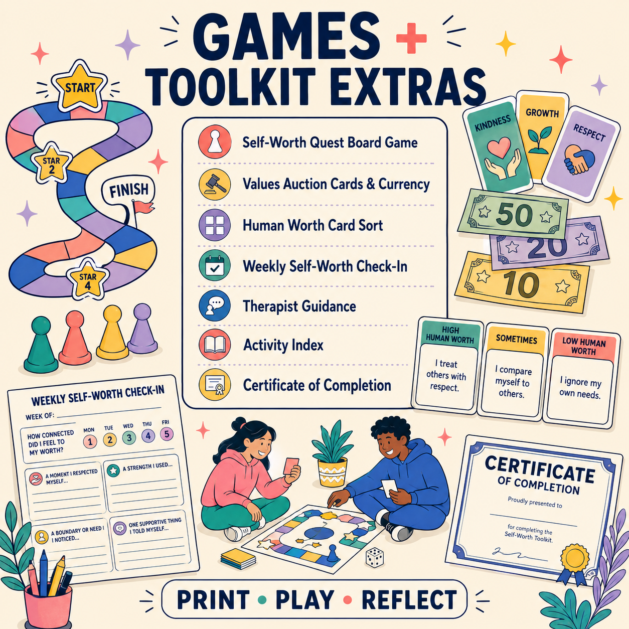 Self-Worth Therapy Toolkit for Teens: Workbook, Cards and Games