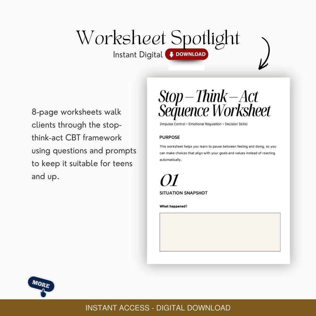 CBT Stop–Think–Act Sequence Worksheet: Adult, Adolescent, Group (Emotional Regulation Tool)