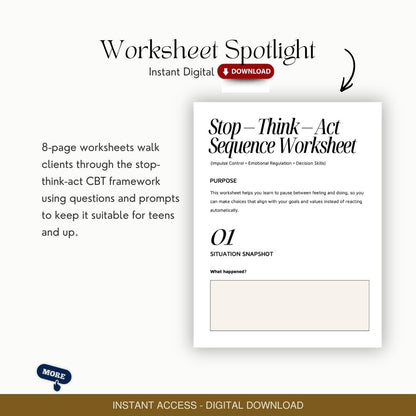 CBT Stop–Think–Act Sequence Worksheet: Adult, Adolescent, Group (Emotional Regulation Tool)