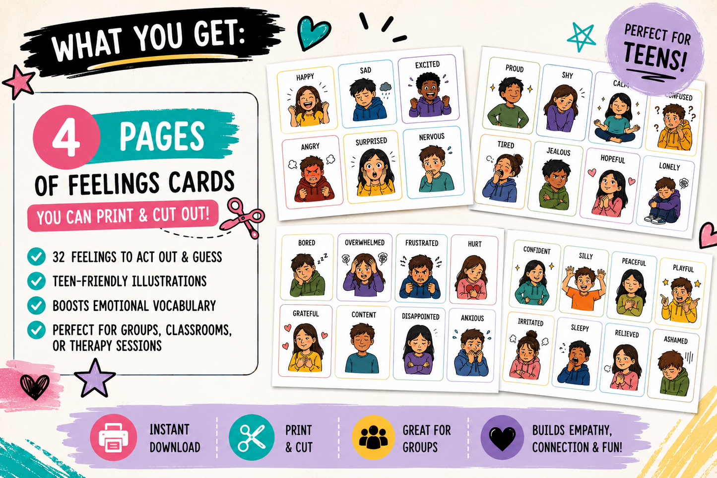 Feelings Charades Therapy Game for Teens Adolescents or ASD (PDF Digital Download)