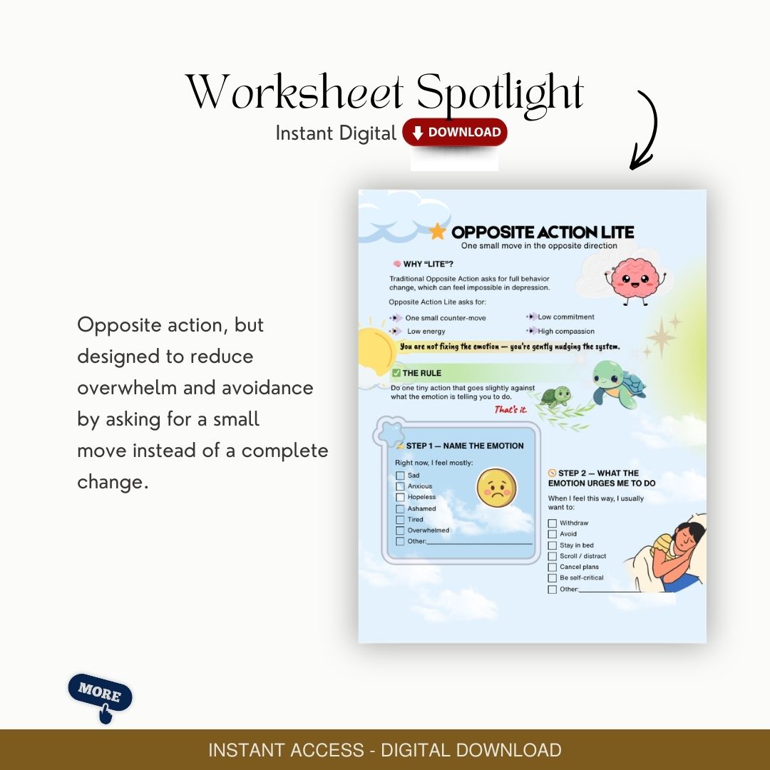 Opposite Action Lite: CBT for Depression, Behavior Activation Worksheets Activities