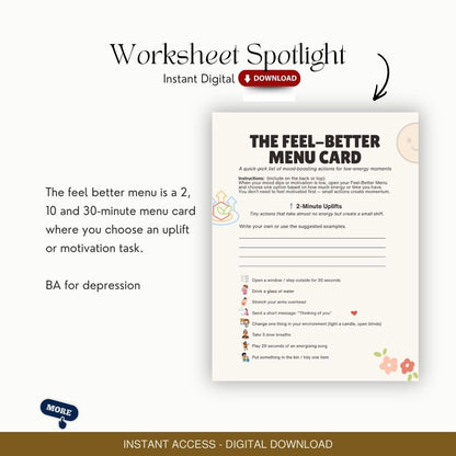 Feel-Better Menu Card: Fun Therapy Activities, CBT for Depression Worksheets