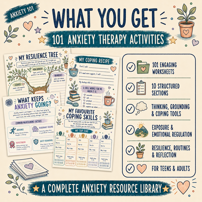 101 Anxiety Activities - Anxiety Worksheets + Exercises, Handouts for Therapists Printables